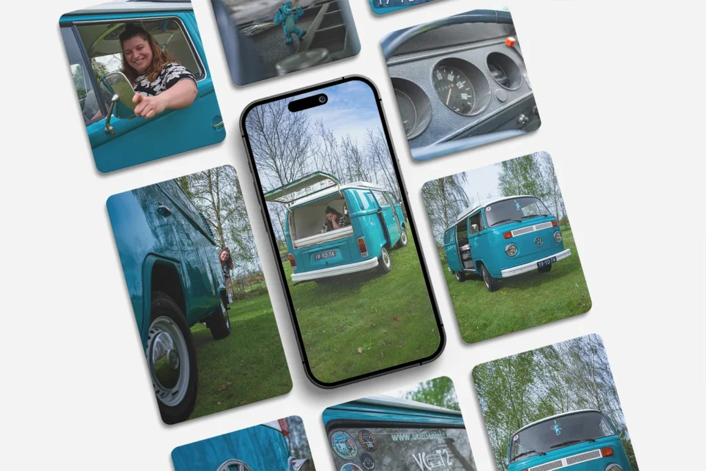 Beeldbank voor Sulley Van met foto's van een turquoise Volkswagenbusje, details van het voertuig en beelden van het busje in gebruik.