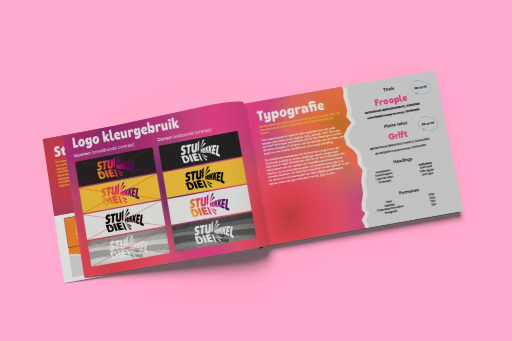 Brand guide met de visuele richtlijnen voor een merk, waaronder logo, kleuren, typografie en grafische elementen.