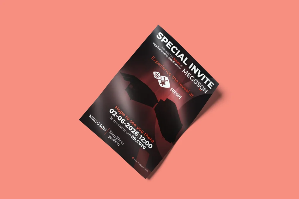 Promotionele flyer voor Meggson met een ontwerp in de huisstijl van het merk.