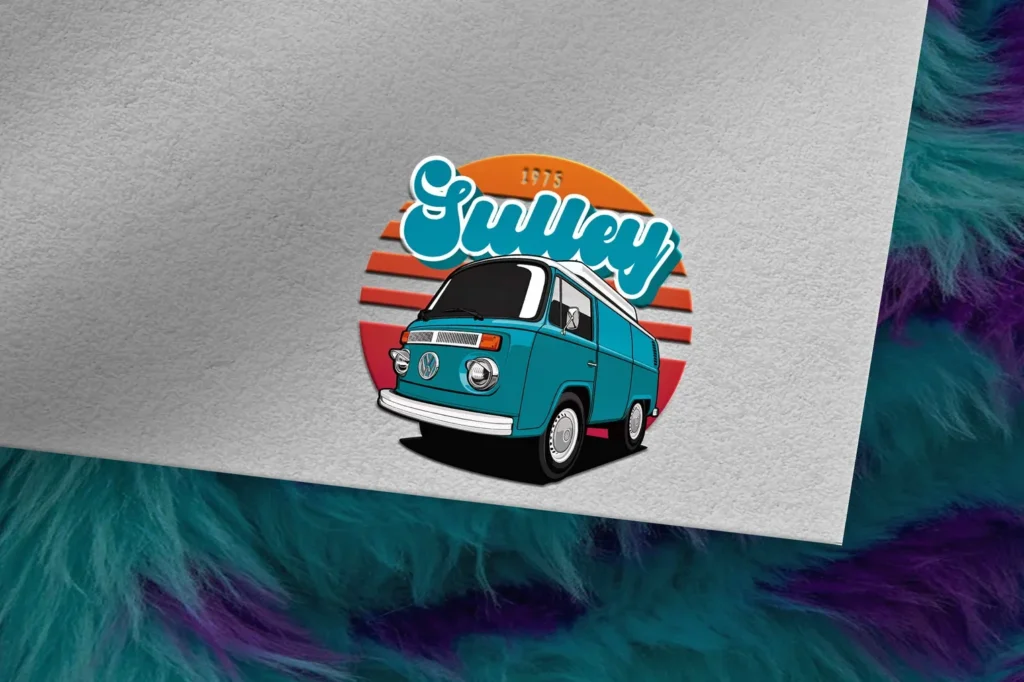 Logo weergegeven op de blauwe, paarse gevlekte vacht van Sulley uit Monsters, Inc.