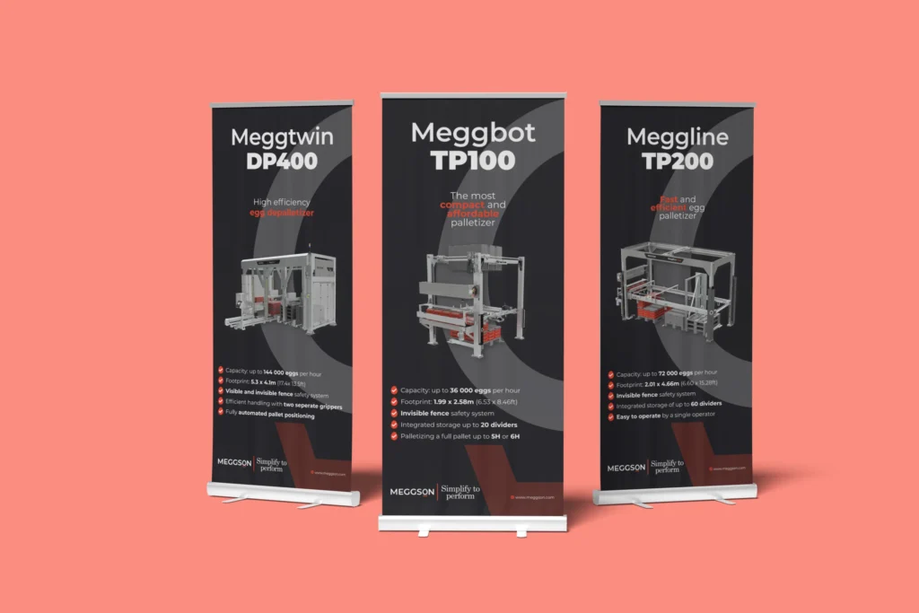Roll-up banners voor Meggson met een professioneel ontwerp in de herkenbare huisstijl van het merk.