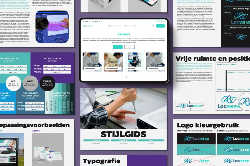 Stijlgids met visuele richtlijnen voor een merk, waaronder kleuren, typografie, logo en grafische elementen.