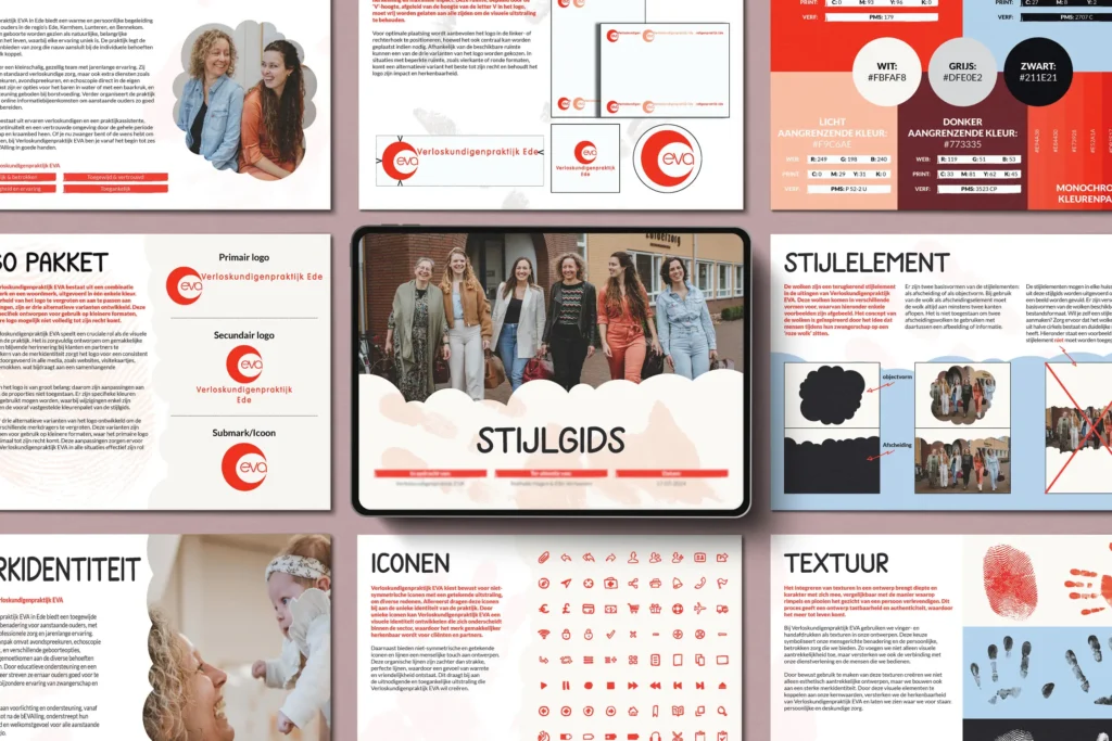 Stijlgids van Verloskundigen Eva met de visuele identiteit, kleuren, typografie en grafische elementen van het merk.