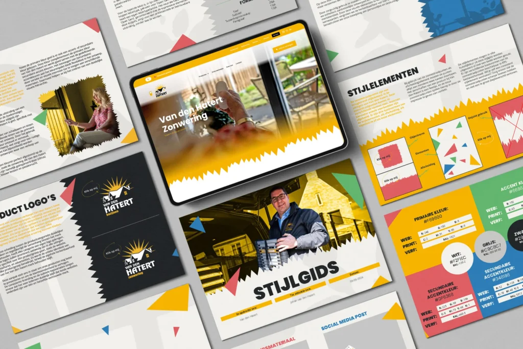 Stijlgids van Van den Hatert Zonwering met logo’s, kleurpalet, grafische stijlelementen en een websiteontwerp.